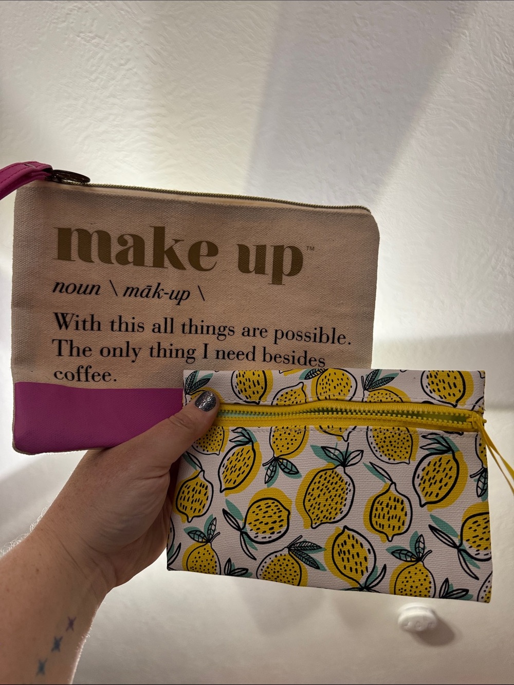 Make Up Canvas Cosmetic Bag - Pink & Yellow Lemon Pouch Set